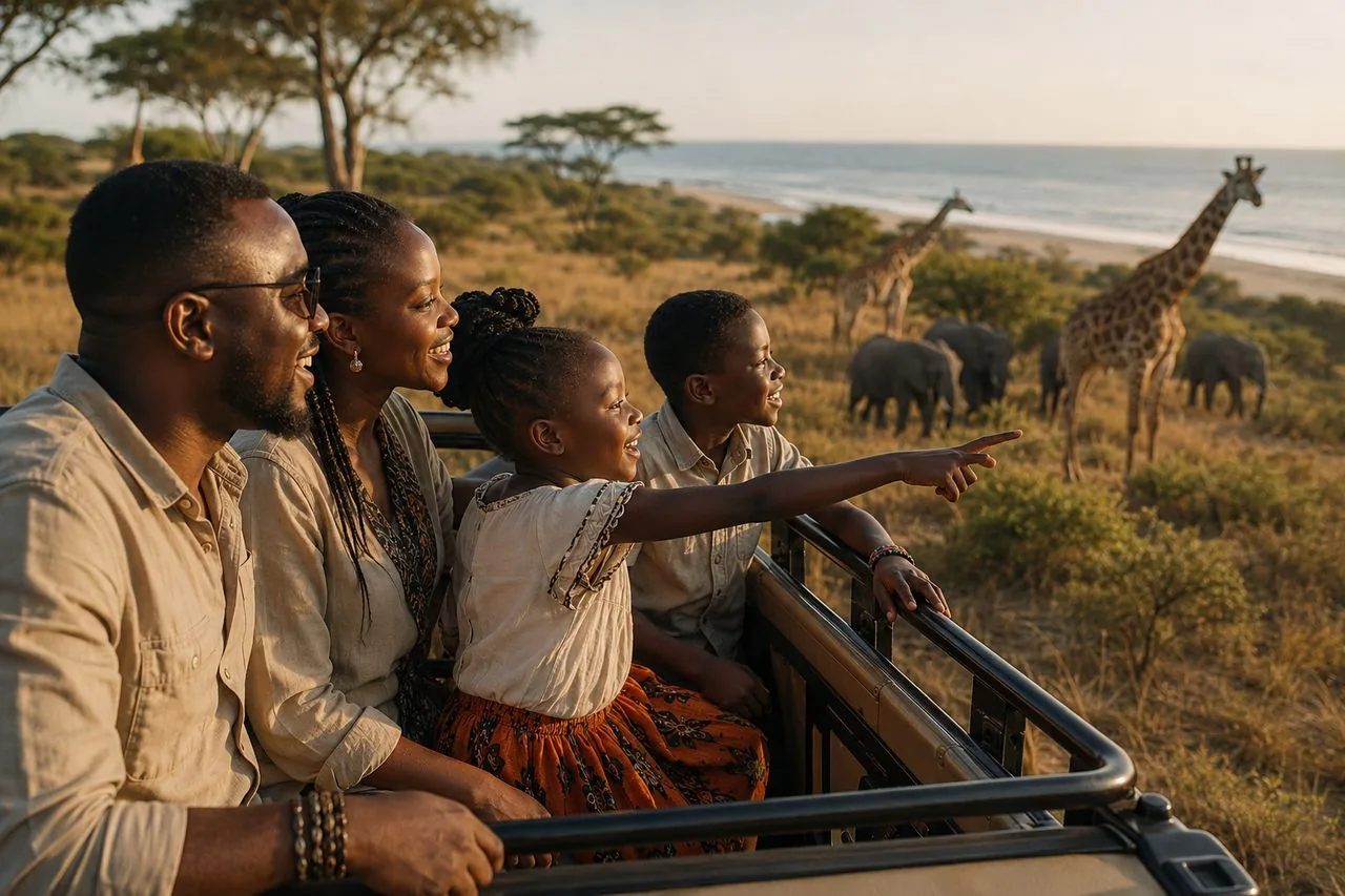 A Tanzanian family on a game drive at Saadani, the children pointing at giraffes and elephants by the ocean