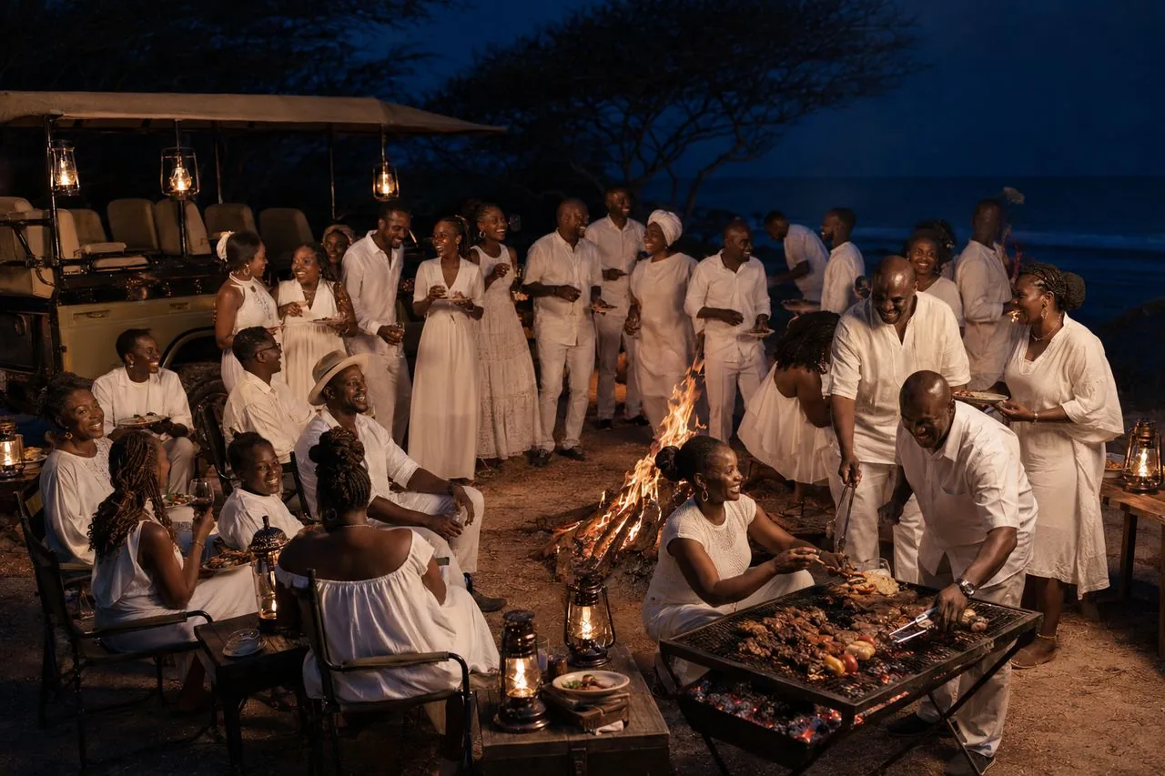 A large group of Tanzanians dressed in white sharing a bonfire feast on the beach at dusk at Saadani, lanterns glowing and the ocean beyond
