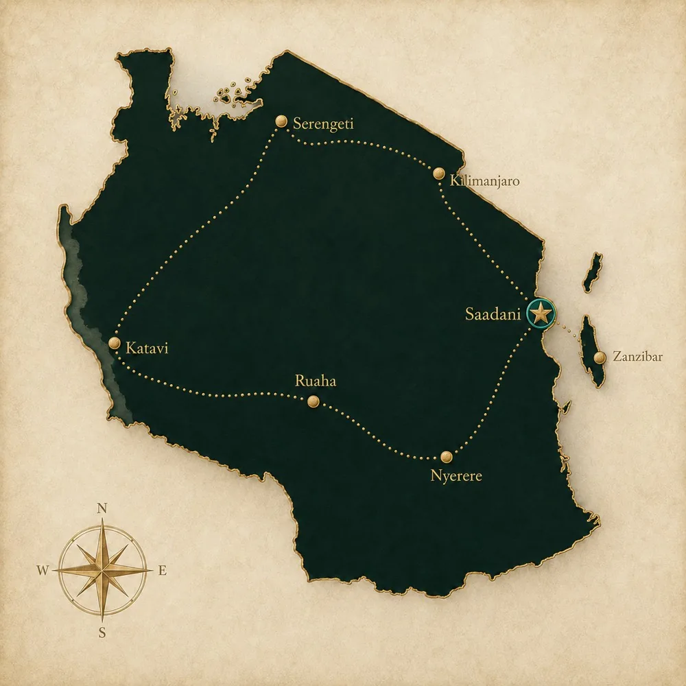 Map of Tanzania showing the Wild Symphony Estates resort network: Serengeti, Saadani, Ruaha, Nyerere, Katavi and Zanzibar